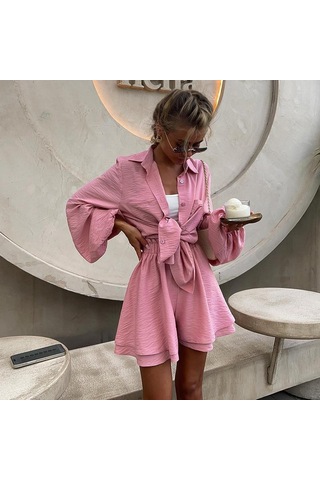 Yyfs Kadın Moda Günlük Düz Renk Baskı Uzun Kollu Polo Yaka Şort Takım Elbise Pembe