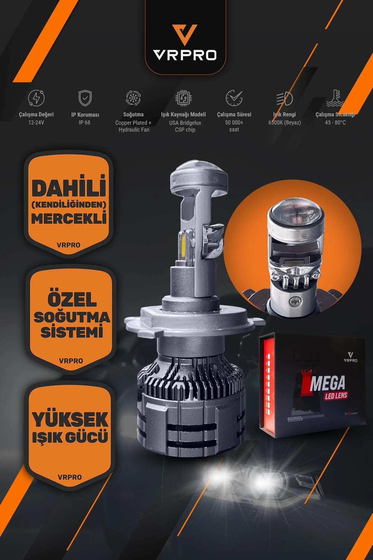 Vrpro H7 Mega Mercekli Led Far Ampulü 22000 Lümen 75w 6500k Beyaz Işık 12-24v Ip68 Tak Çalıştır 2 Adet 1set