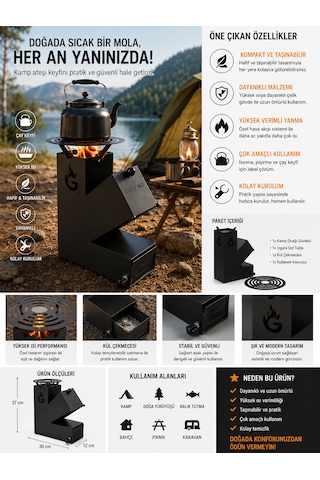 Eylux Roket Soba, Rocket Stove 37x30x12 Kamp Ocağı, Odun Veya Pelet Kolay Yakıt Besleme Kapağı Ve 800 Derece Isıya Dayanıklı 2 Mm Çelik Üretim Siyah