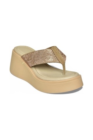 Fox Shoes Y973525409 Bej Taş Detaylı Parmak Arası Kalın Tabanlı Kadın Terlik