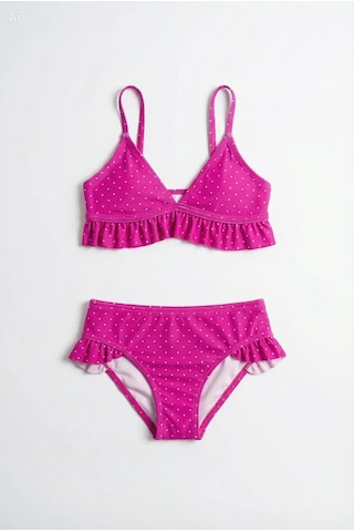 Endeep Kız Çocuk Pembe Fırfırlı Puantiye Desenli Mayo Bikini Takımı Pembe-beyaz