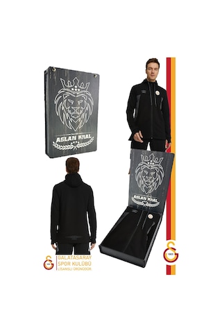 Galatasaray Orijinal Lisanslı Kapüşonlu Siyah Fermuarlı Hoodie Hediyelik Ahşap Kutulu Siyah