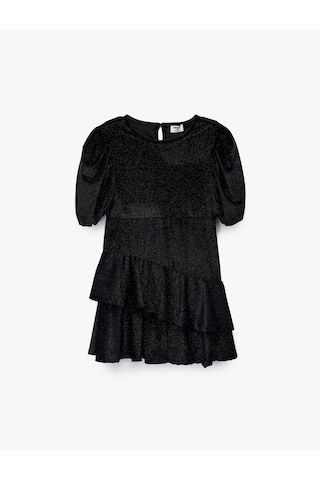 Koton Fırfır Detaylı Kısa Kollu Bisiklet Yaka Simli Elbise Siyah 6wkg80013ak Siyah