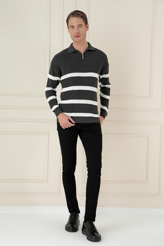 Efor Slim Fit Çizgili Fermuarlı Polo Yaka Antrasit Triko Kazak Tr 877 Antrasit