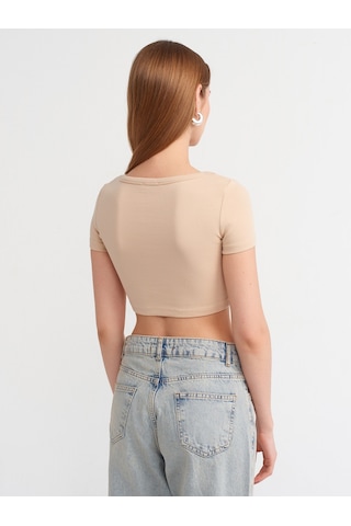 Dilvin Kısa Kollu Crop Top Bej Açık Bej