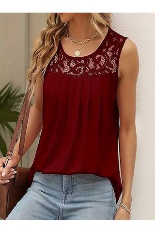 Kadın Askılı Yuvarlak Yaka Dantel Detaylı Viskon Bluz Bordo