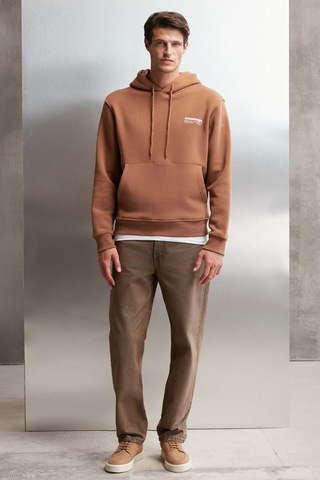 Grimelange Martel Erkek Yumuşacık Içi Polarlı Baskılı Regular Kordonlu Açık Kahverengi Sweatshirt