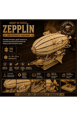 Zeppelin Ahşap Maket Seti Dıy 3d Puzzle Steampunk Hava Gemisi Koleksiyoner Modeli 316 Parça