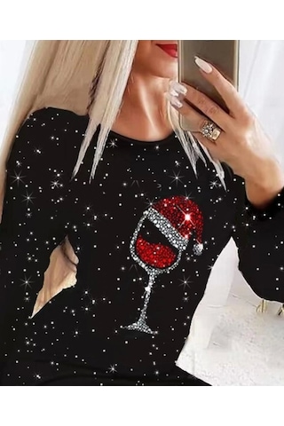 Saklımoda Kadın Uzun Kollu Taş Kadeh Baskı Mikro Mini Boy Elbise Siyah