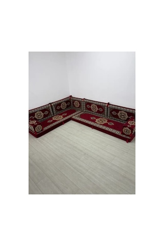 Güneş Modeli Bordo Otantik Şark Köşesi Takımı L Set - Geleneksel Yer Minderi Seti 10 Cm Minder Kalınlığı 9 Parça