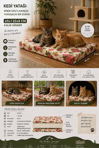 Xl Büyük Irk Köpek Yatağı Süngerli Fermuarlı Yıkanabilir Kılıflı Köpek Minderi 65x120x8 Cm-ingiliz Gülü