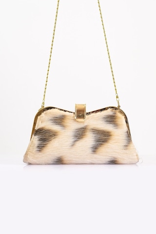 Keyifli Moda Kadın Bej Desenli Suni Kürk Zincirli El Ve Omuz Clutch Portföy Çanta - Bej