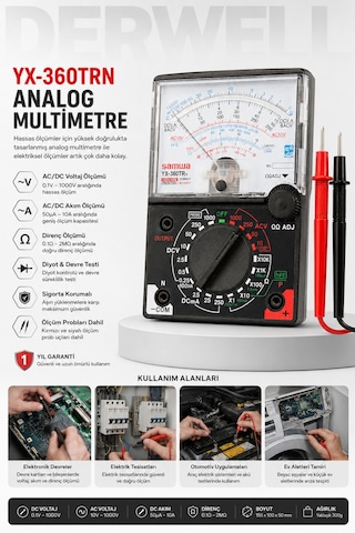Okul Tipi Multimetre Yx-360trn Analog Multimetre Avometre Hassas İbreli Akım Voltaj Direnç Ölçer, Elektronik Devre Test Cihazı, Sigorta Korumalı Elektrik Ölçüm Aleti, Kırmızı Siyah Problu Test Seti