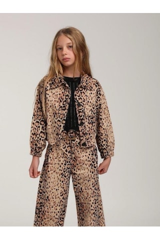 Kız Çocuk Leopar Desenli Tek Cepli Ceket-15592 Kahverengi