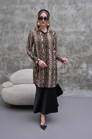 Polologin Butik Yılan Derisi Desenli Tunik Kahverengi & Siyah