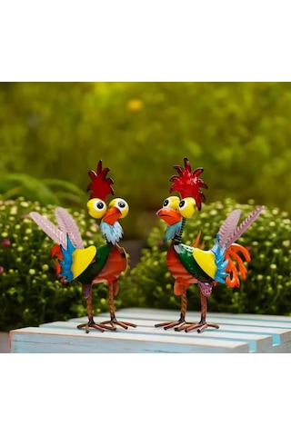 Tenfowee Yeşil Metal Demir Çelik Canlı Horoz Figürü, Bahçe Çimenliği Ve Ev Dekorasyonu Sanat Eseri, 21x17x8 Cm