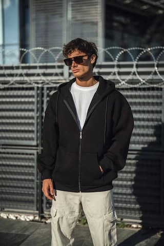 Oversize Tam Fermuarlı Uzun Kol Hırka - Siyah Siyah