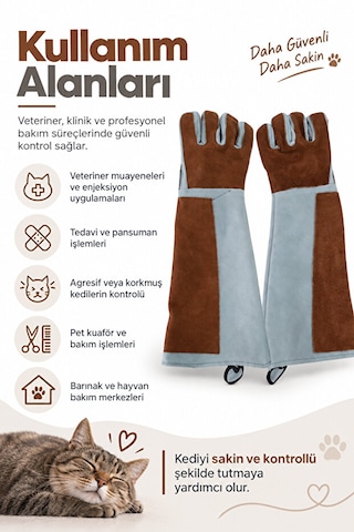 Petgrooming Profesyonel Veteriner Kedi Tutma Ve Yakalama Eldiveni 60 Cm Uzun Kollu Koruyucu Eldiven