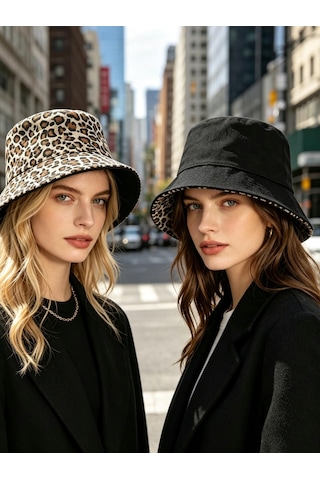 Valkyrie Çift Taraflı Leopar Desenli Siyah Kova Şapka Unisex Reversible Bucket Günlük Yazlık Şapka Kahverengi