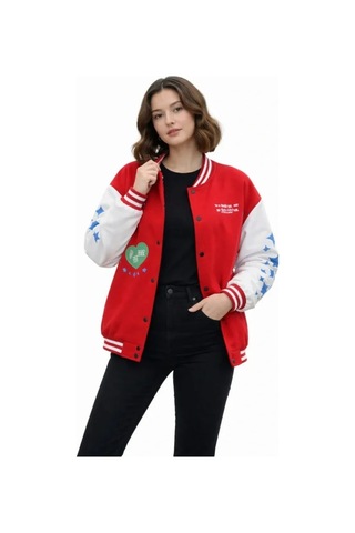 Meleners Kırmızı Varsity Çıtçıtlı Baskılı Oversize Kalıp Kolej Ceket - Kırmızı