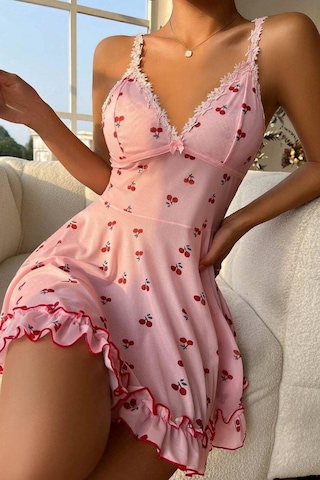 Bella Notte Romantik Pembe Kiraz Baskılı Askılı Tanga Ve Gecelik