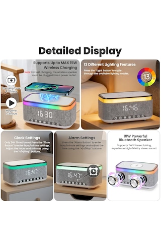 Jedel Sa-148 Kablosuz Işıklı Bluetooth Hoparlör 3in1 - 15w Kablosuz Şarj - Dekoratif Çalar Saat / Alarm - Kablosuz Bluetooth Hoparlör Ses Bombası