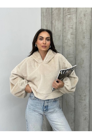 Kadın Crop Boy Yumuşacık Balon Uzun Kol Kapüşonlu Şık Kısa Sweatshirt Bej