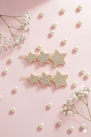 Üçlü Yıldız Şekilli Metal Toka, Metal Klipsli Üçlü Yıldız Toka 2 Adet Altın