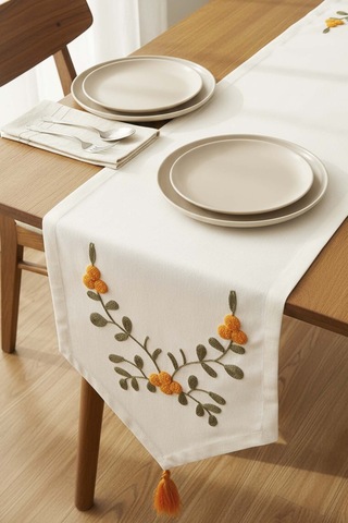 Sarı Çiçek Nakışlı Vintage Keten Runner 40x140 Cm Krem