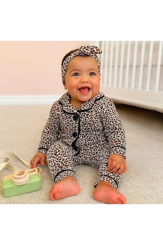Alpbebe Leopar Önden Düğmeli Mevsimlik 2 Parça Pijama Takımı-kahve Kahverengi