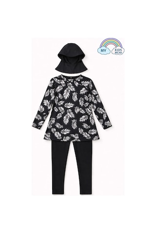 My Kids Wear Kız Çocuk Tesettür Mayo 3 Lü Takım Üst + Tayt + Bone 12565 Siyah - Beyaz