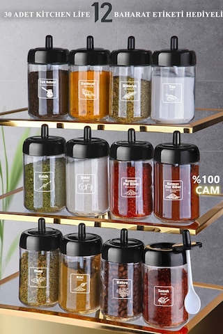 Kitchen Life Kapağı Kendinden Kaşıklı ve Gold Etiketli Cam Baharatlık Seti 12'li 300 ML Siyah - Şeffaf