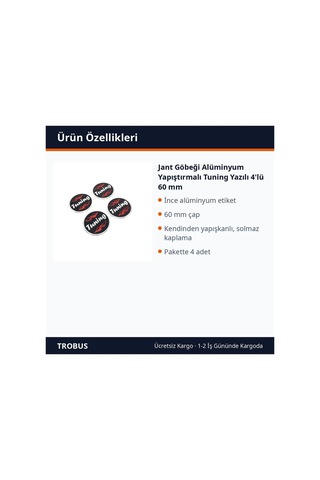 Trobus Jant Göbeği Alüminyum Yapıştırmalı Tuning Yazılı 4'lü 60 Mm