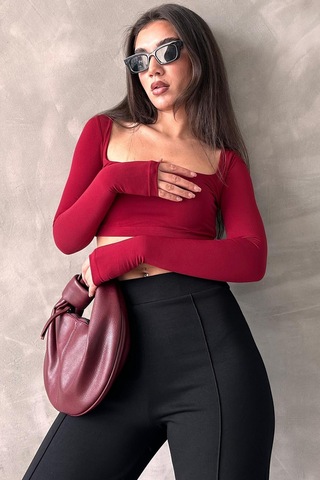 Seeh Bordo Kare Yaka Parmak Detaylı Kadın Body Sh211