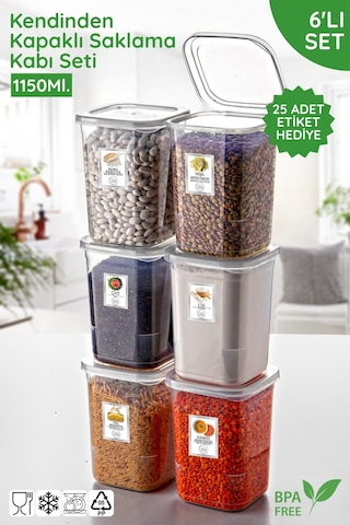 Etiket Hediyeli 6'lı Set Kendinden Kapaklı 1150ml. Kare Saklama Kabı - Mikrodalga Ve Difrize Uygun Beyaz-şeffaf