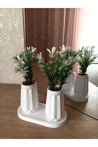 Mini Düz Desenli Beton Saksı İkili Ve Oval Tabak-yapay Çiçek Hediyeli - Beyaz
