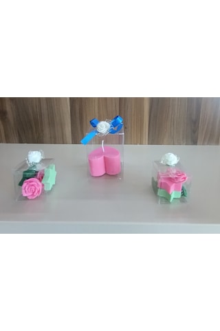 5cm-5cm Ebatlarda Kokulu Doğal Pembe-yeşil Renk 3 Lü Dekoratif Mum Çok Renkli