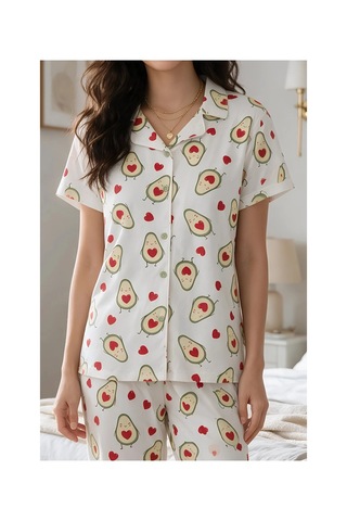 Angbutik Avokado Desenli Kısa Kollu Gömlek Yaka Milan Kumaş Kadın Pijama Takımı Renkli