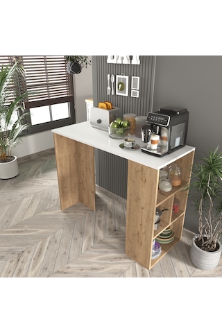 Pan Mutfak Adası , Bar Masası , Raflı Sepet - Beyaz