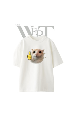 Thewert Cat Thumbs Up Tasarım Baskılı Ünisex Beyaz Oversize T-shirt