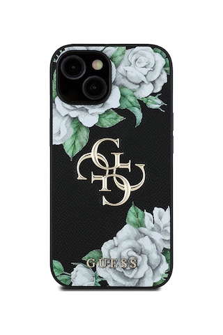 Apple Uyumlu iPhone 15 Kılıf Guess Lisanslı Gül Baskılı Büyük Metal Logo Dizaynlı Kapak Siyah