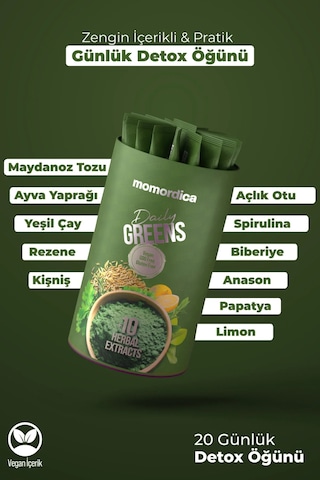 Momordica Daily Greens Spirulina, Yeşil Çay, Biberiye, Açlık Otu, Rezene +11 Bitki - 20 Saşe