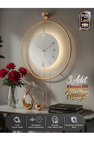MetaQuartz Aksesuar (Büyük Boy-50*75 cm) İskandinav Kristal Ledli Pilli Duvar Saati Gold