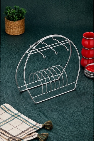 Premium Gümüş Metal Fincan Askılığı Ve Tabaklık Standı 6 Fincan Kapasiteli Kahve Köşesi Organizeri Metalik