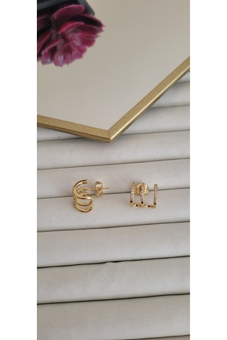 Çelik Zirkon Taşlı Gold Renk Kadın Küpe Altın