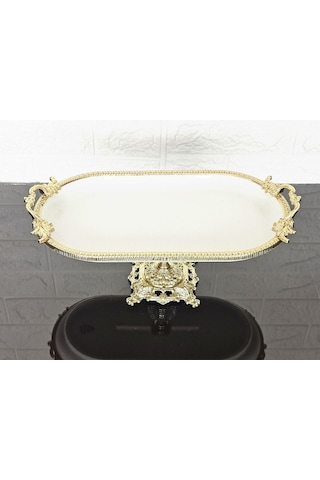 Porselen Küçük Sade Kayık Sunumluk Döküm Gold Çerçeveli Ve Ayaklı 30 Cm Beyaz
