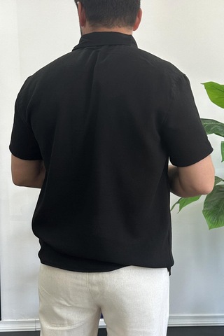 Erkek Kısa Kollu Keten Görünümlü Gömlek Siyah Edw389 Siyah