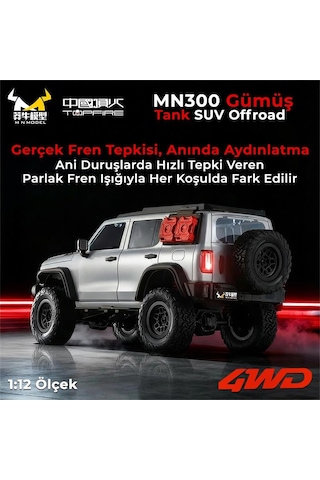 Mn Model Mn300 1/12 Tank Suv 4wd Rc Crawler Offroad Uzaktan Kumandalı Araba Arazi Aracı Model Car Truck Rtr Gümüş Mn-300 +dahili Işık Seti