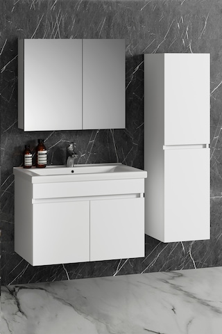 Çiğdem 80+35 Cm Beyaz Mdf Lavabolu Asma Banyo Dolabı Takımı Beyaz