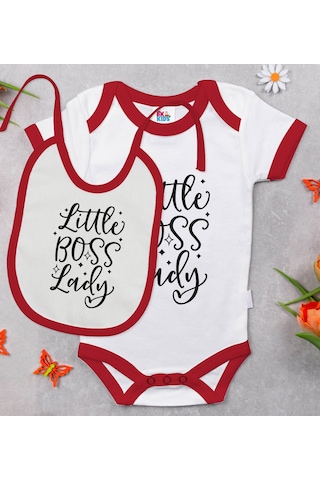 Bk Gift Bk Kids Little Boss Lady Tasarımlı Kırmızı Bebek Body Zıbın Ve Mama Önlüğü Hediye Seti-1 Çok Renkli